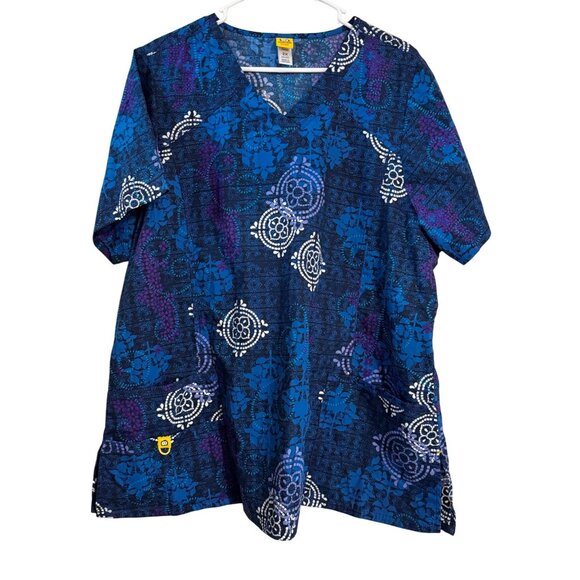 Wonderwink Plus 2X Womens V-Neck Scrub Top Blue & Purple Patterned Short Sleeve - Picture 1 of 6